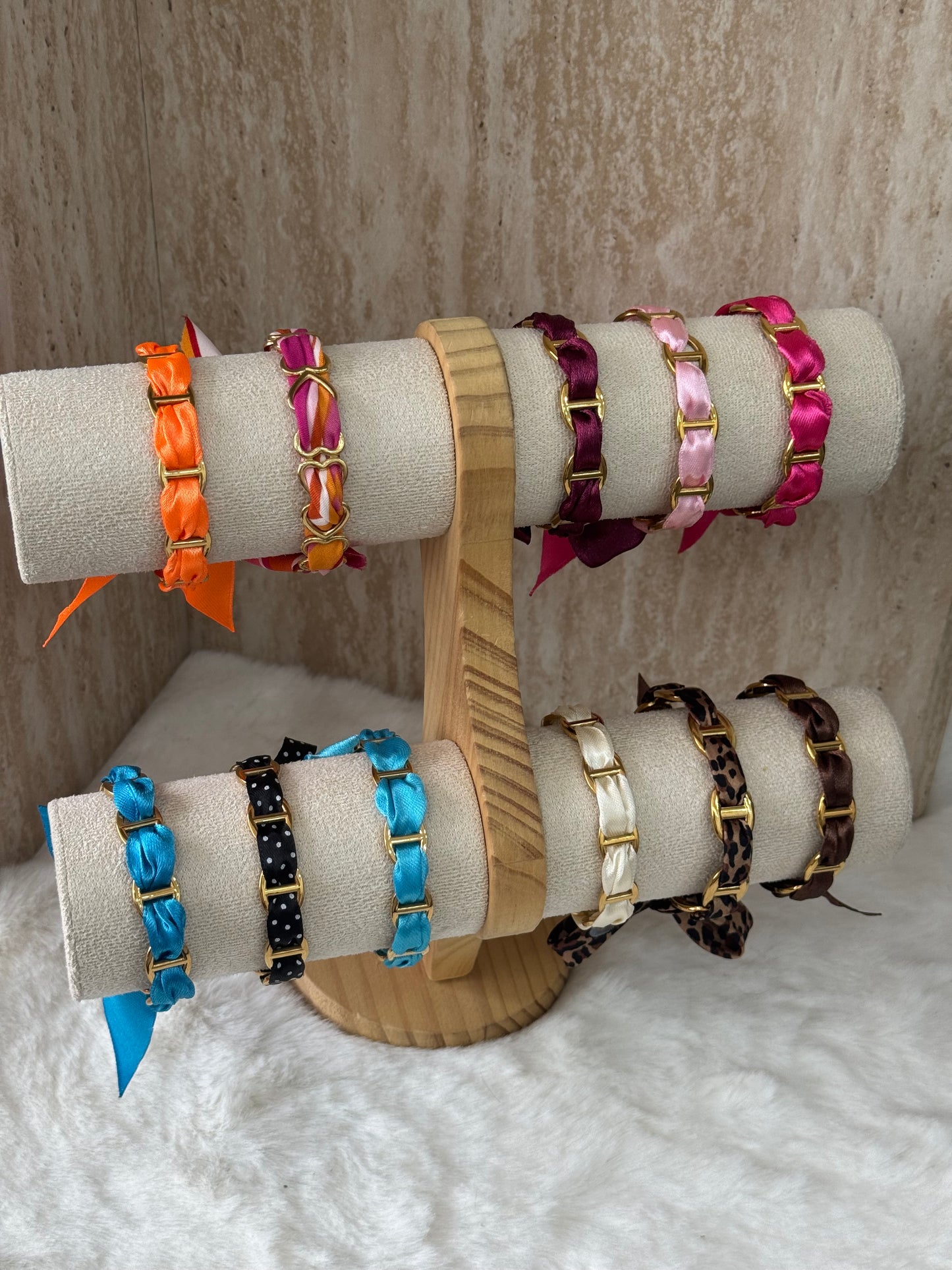 Jonc maille marine ruban coloré - doré