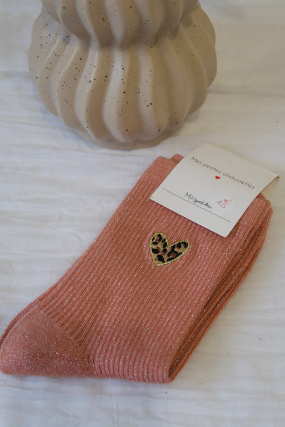 🤎Chaussettes paillettes coeur léopard