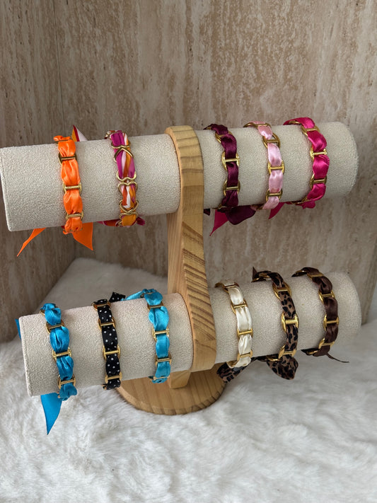 Jonc maille marine ruban coloré - doré