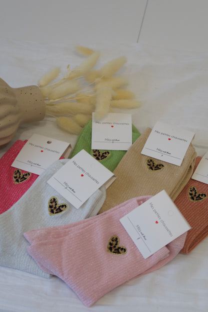🤎Chaussettes paillettes coeur léopard
